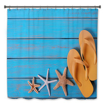 Flip Flops Starfish Old Distressed Bright Blue Beach Wood Background Bath Decor 209791658