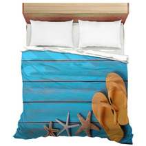 Flip Flops Starfish Old Distressed Bright Blue Beach Wood Background Bedding 209791658