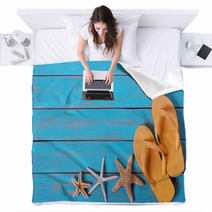 Flip Flops Starfish Old Distressed Bright Blue Beach Wood Background Blankets 209791658