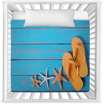 Flip Flops Starfish Old Distressed Bright Blue Beach Wood Background Nursery Decor 209791658