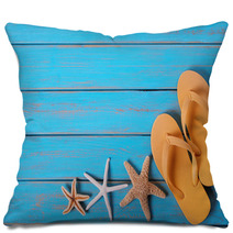 Flip Flops Starfish Old Distressed Bright Blue Beach Wood Background Pillows 209791658