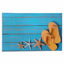 Flip Flops Starfish Old Distressed Bright Blue Beach Wood Background Rugs 209791658