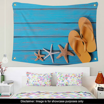 Flip Flops Starfish Old Distressed Bright Blue Beach Wood Background Wall Art 209791658