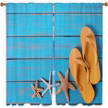 Flip Flops Starfish Old Distressed Bright Blue Beach Wood Background Window Curtains 209791658