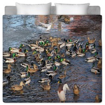 Flock Of Many Mallard Ducks In The Water And A Seagull Flying Above Them Bedding 100358385