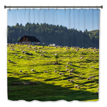 Flock Of Sheep On The Meadow Near  Forest In Mountains Bath Decor 99449182
