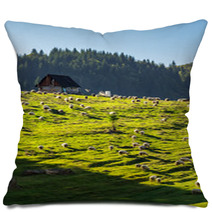 Flock Of Sheep On The Meadow Near  Forest In Mountains Pillows 99449182