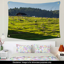 Flock Of Sheep On The Meadow Near  Forest In Mountains Wall Art 99449182