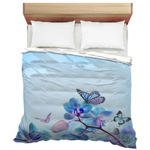 Floral Background Of Tropical Orchids And  Butterfly Bedding 62095244
