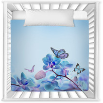Floral Background Of Tropical Orchids And  Butterfly Nursery Decor 62095244