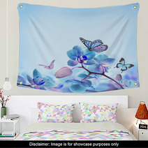 Floral Background Of Tropical Orchids And  Butterfly Wall Art 62095244