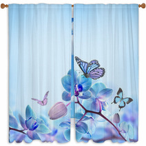 Floral Background Of Tropical Orchids And  Butterfly Window Curtains 62095244