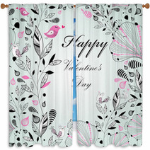 Floral Background With Birds To The Valentine's Day Window Curtains 49560876