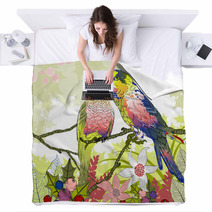 Floral Illustration Of A Pair Of Budgies Blankets 58829443
