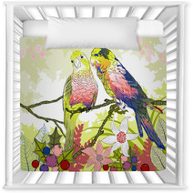 Floral Illustration Of A Pair Of Budgies Nursery Decor 58829443