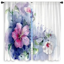 Flowers Botanical Illustration Watercolor Window Curtains 283476501