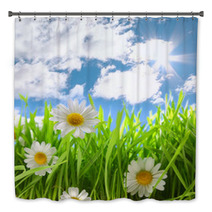 Flowers With Grassy Field On Blue Sky And Sunshine Bath Decor 64858379