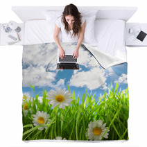 Flowers With Grassy Field On Blue Sky And Sunshine Blankets 64858379