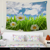 Flowers With Grassy Field On Blue Sky And Sunshine Wall Art 64858379
