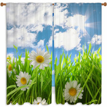Flowers With Grassy Field On Blue Sky And Sunshine Window Curtains 64858379