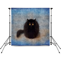 Fluffy Black Mad Kitten On Blue Background Backdrops 164991707