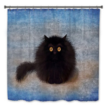 Fluffy Black Mad Kitten On Blue Background Bath Decor 164991707