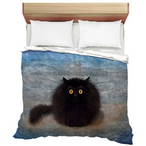 Fluffy Black Mad Kitten On Blue Background Bedding 164991707