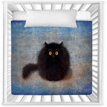 Fluffy Black Mad Kitten On Blue Background Nursery Decor 164991707
