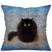 Fluffy Black Mad Kitten On Blue Background Pillows 164991707
