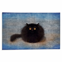 Fluffy Black Mad Kitten On Blue Background Rugs 164991707