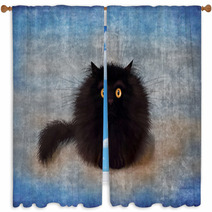 Fluffy Black Mad Kitten On Blue Background Window Curtains 164991707
