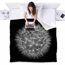 Fluffy White Dandelion On A Black Background Blankets 58927563