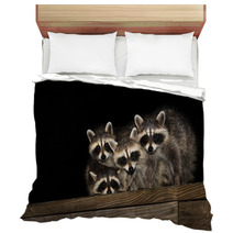 Four Cute Baby Raccoons On A Deck Railing Bedding 99966799