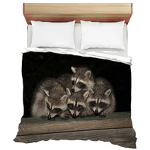 Four Cute Baby Raccoons On A Deck Railing Bedding 99966832