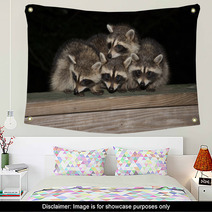 Four Cute Baby Raccoons On A Deck Railing Wall Art 99966832