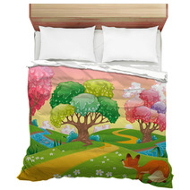 Fox In The Wood. Cartoon And Vector Scene. Isolated Objects Bedding 30794773