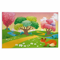 Fox In The Wood. Cartoon And Vector Scene. Isolated Objects Rugs 30794773