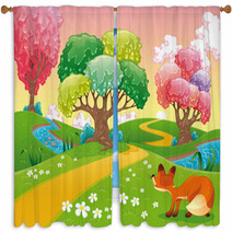 Fox In The Wood. Cartoon And Vector Scene. Isolated Objects Window Curtains 30794773