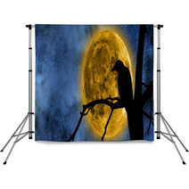 Full Moon Behind The Tree And A Raven On It. Backdrops 80723935