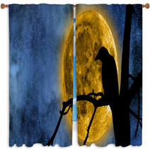 Full Moon Behind The Tree And A Raven On It. Window Curtains 80723935