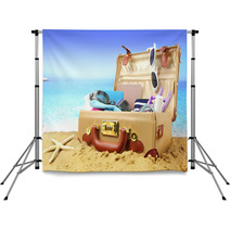 Full Open Suitcase On Tropical Beach Background Backdrops 64148002