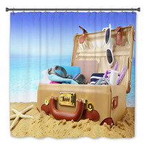 Full Open Suitcase On Tropical Beach Background Bath Decor 64148002