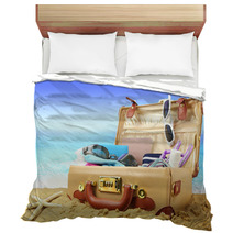 Full Open Suitcase On Tropical Beach Background Bedding 64148002