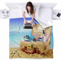 Full Open Suitcase On Tropical Beach Background Blankets 64148002