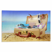 Full Open Suitcase On Tropical Beach Background Rugs 64148002