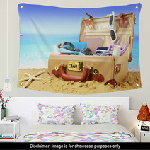 Full Open Suitcase On Tropical Beach Background Wall Art 64148002