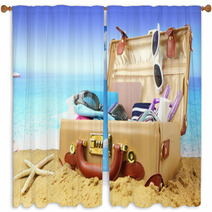 Full Open Suitcase On Tropical Beach Background Window Curtains 64148002