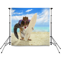 Funny Animal Squirrel With Sunglasses And Surfboard On The Beach Backdrops 94133447