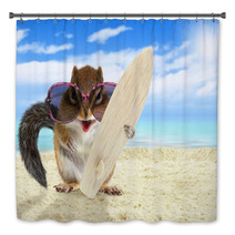 Funny Animal Squirrel With Sunglasses And Surfboard On The Beach Bath Decor 94133447