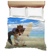 Funny Animal Squirrel With Sunglasses And Surfboard On The Beach Bedding 94133447